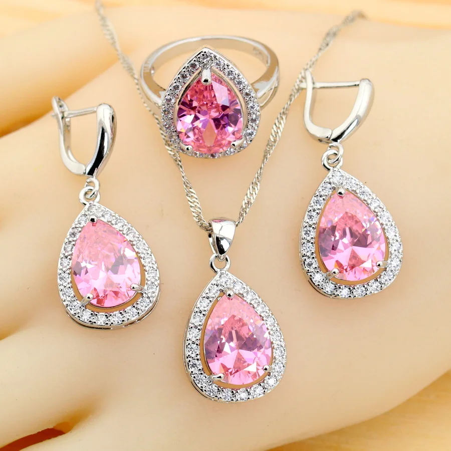 Classic Pink Zirconia Water Drop 925 Silver Jewelry Sets for Women Earrings Necklace Ring Bracelet Wedding Gift