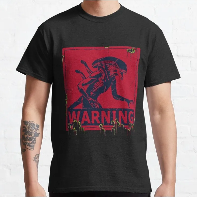 Warning Danger Alien Movie Graphic T‑Shirt Vintage Sci‑Fi Horror Xenomorph Print Tee Unisex Short Sleeve Casual Streetwear S-6XL