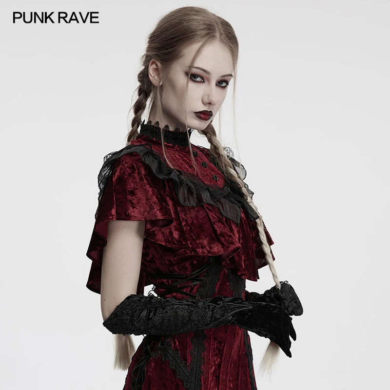 PUNK RAVE Women's Goth Retro Embroidered Velvet Gloves Exquisite Bright Silk Webbings Romantic Mysterious Warmers Accessories