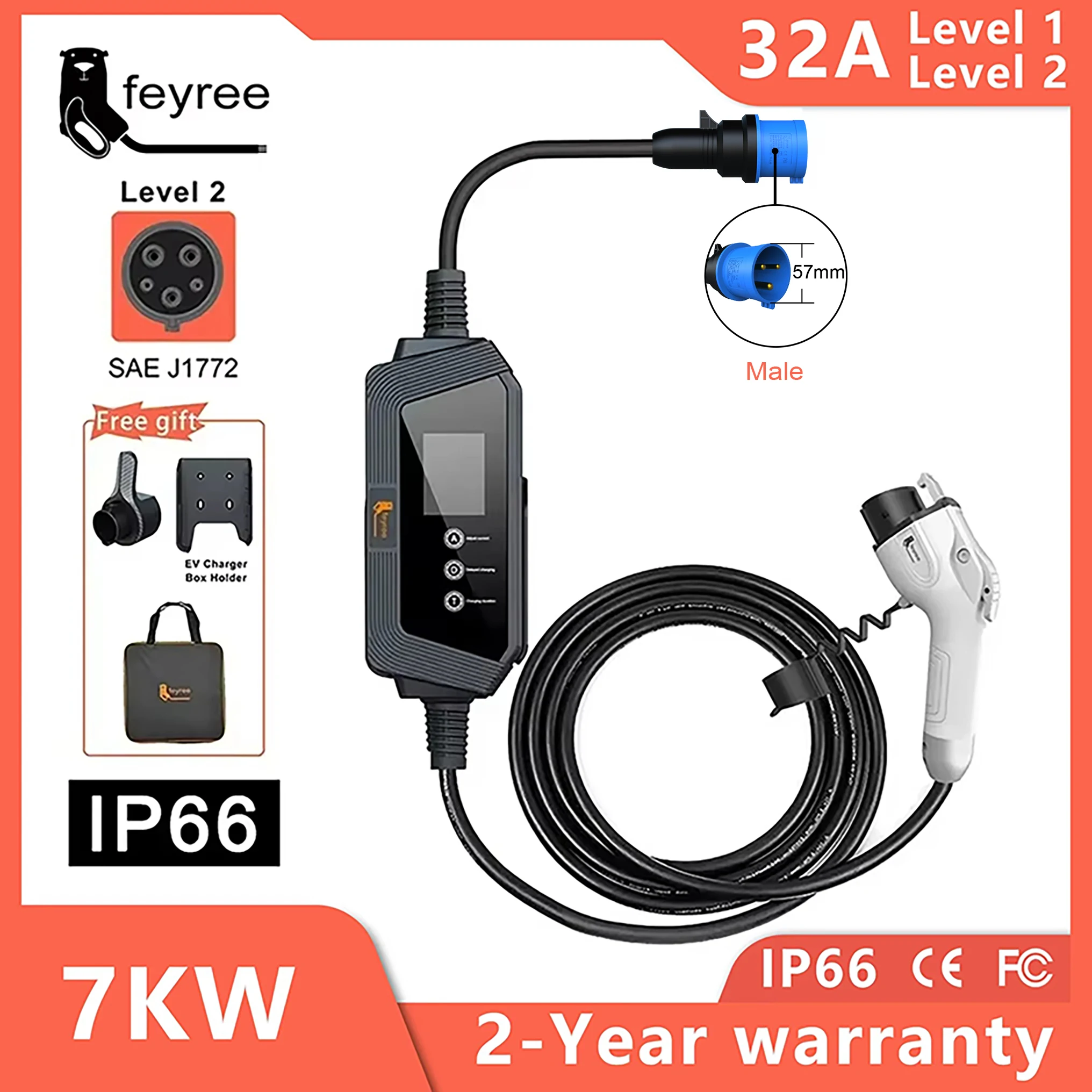 feyree Type1 7KW 32A EV Charger 1Phase with j1772 Cord Current Adjustable Portable Charging Box Holder for Electric Car Charger