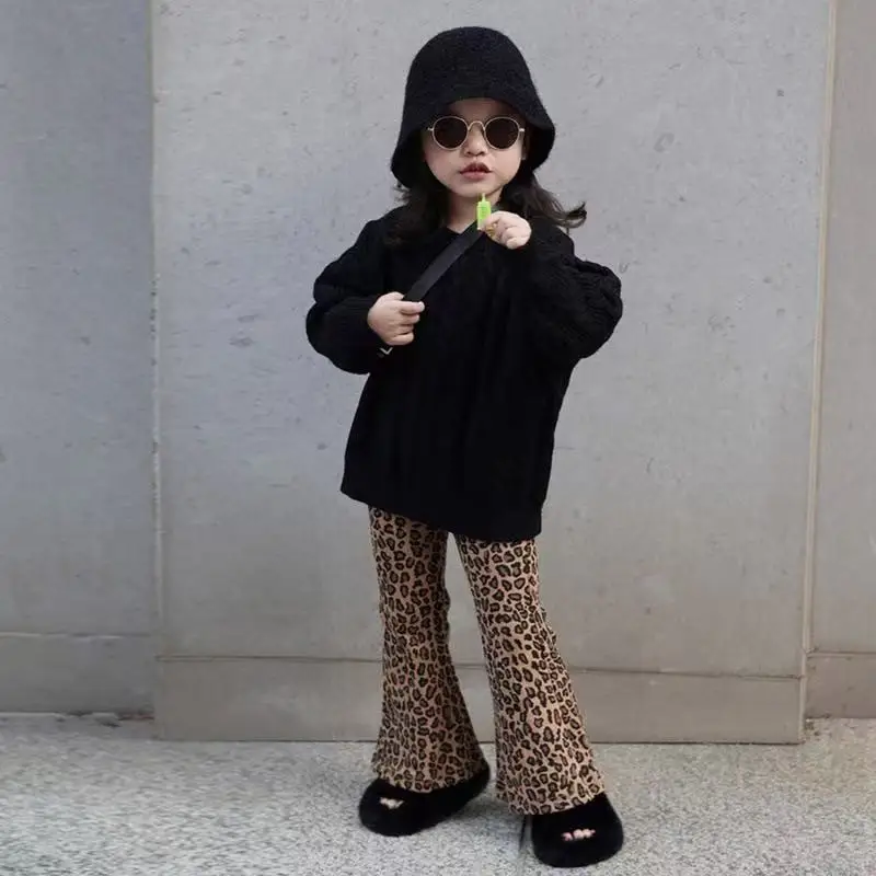 

Korean Children's Clothing Set for Girls Childrens Spring and Autumn Fashion Sweater Girl baby Leopard Print Pants Two-piece Set