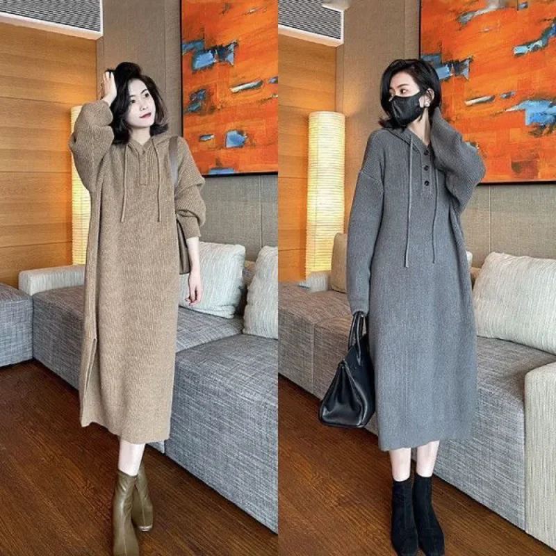 

2022 Temperament Thick Wool Sweater Hooded Knitted Dress Medium Long Versatile Loose Sweater Women Dresses