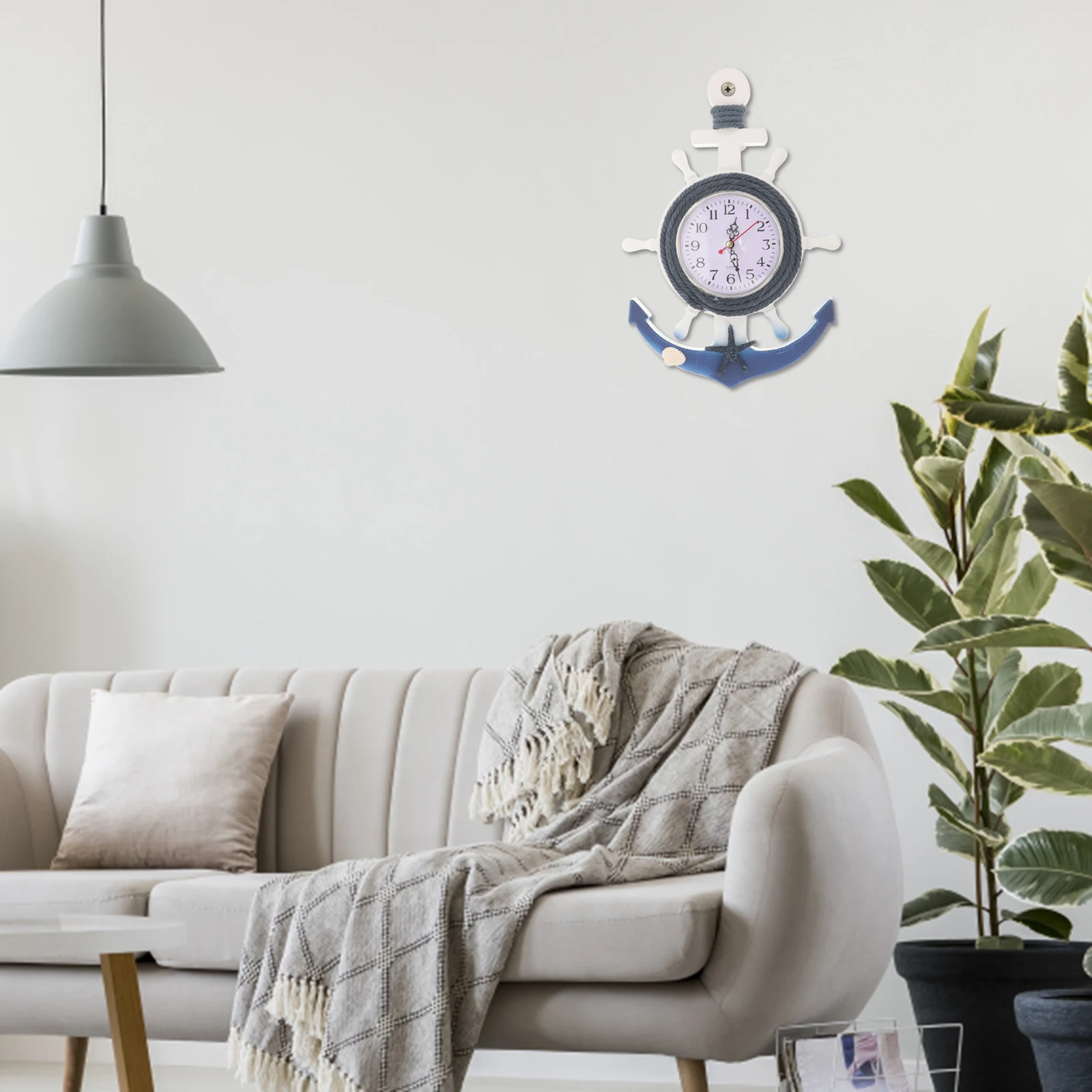 

Mediterranean Style Wall Clock Boat Anchor Hanging Clock with Star Design Clear Mirror Surface for Living Room Bedroom Home