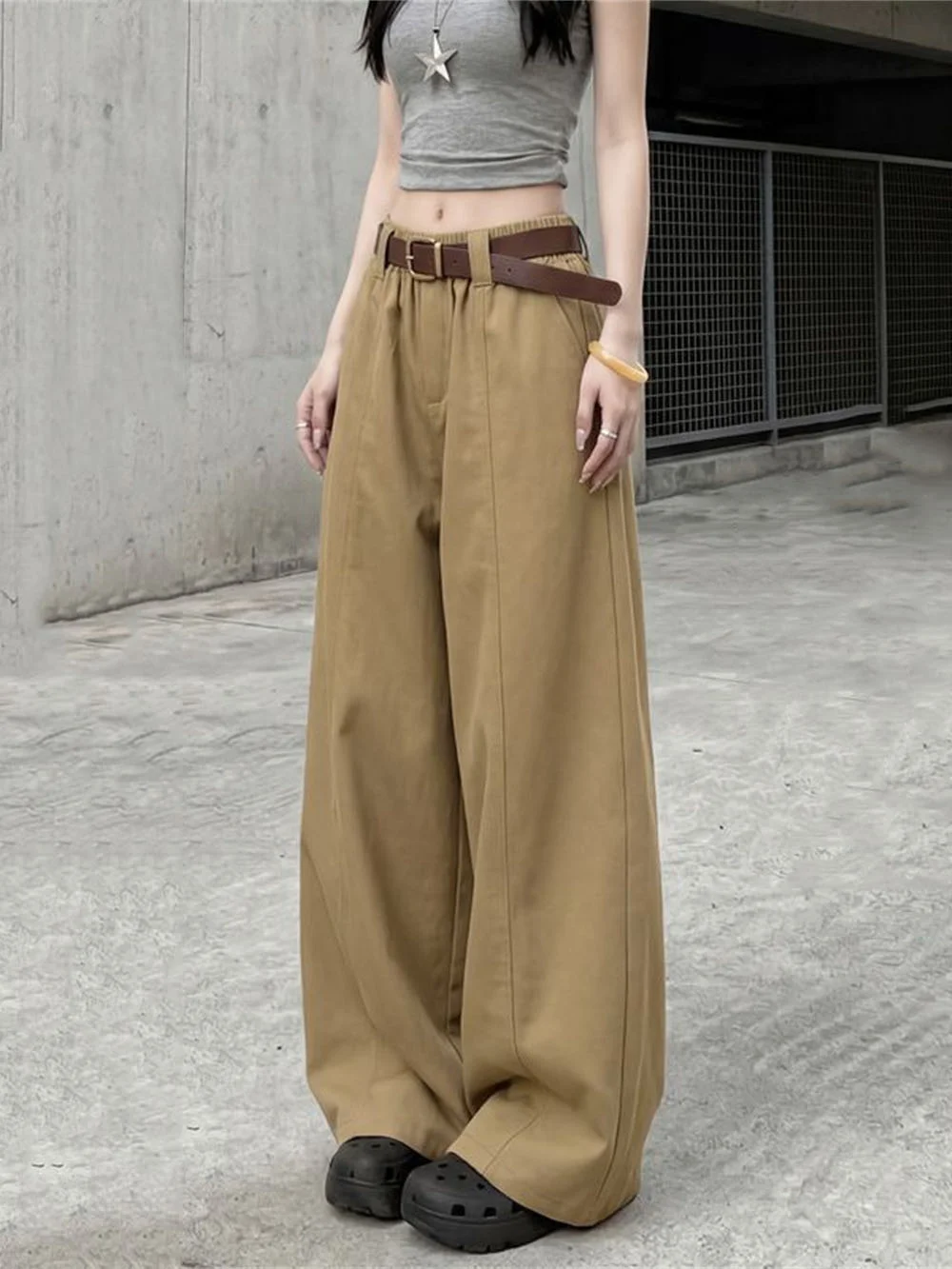 Vintage Workwear Wide Leg Pants Hip Hop High Waist Loose Casual Drapey Knife Pants Harajuku Elastic Waist New Style For Women