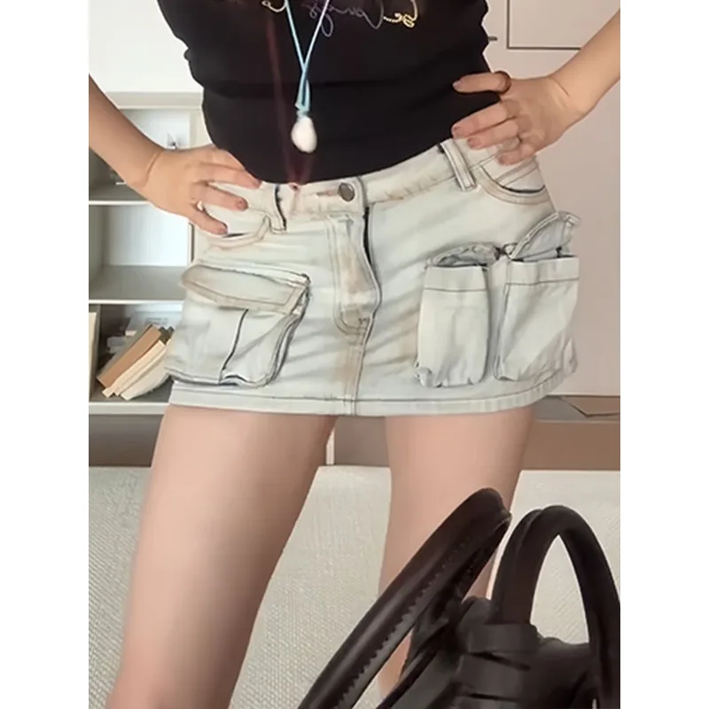 

Vintage American Low Waist Asymmetric Denim Skirt Women Washed Metal Button Stitched High Quality Mini Bodycon Mid Thigh Skirt