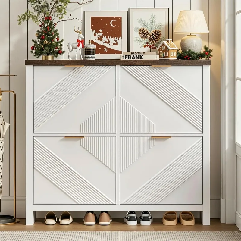 Shoe Cabinet with 4 Flip Drawers & Symmetric Groove Pattern for Entryway Slim Narrow Hidden Shoe Storage Cabinet