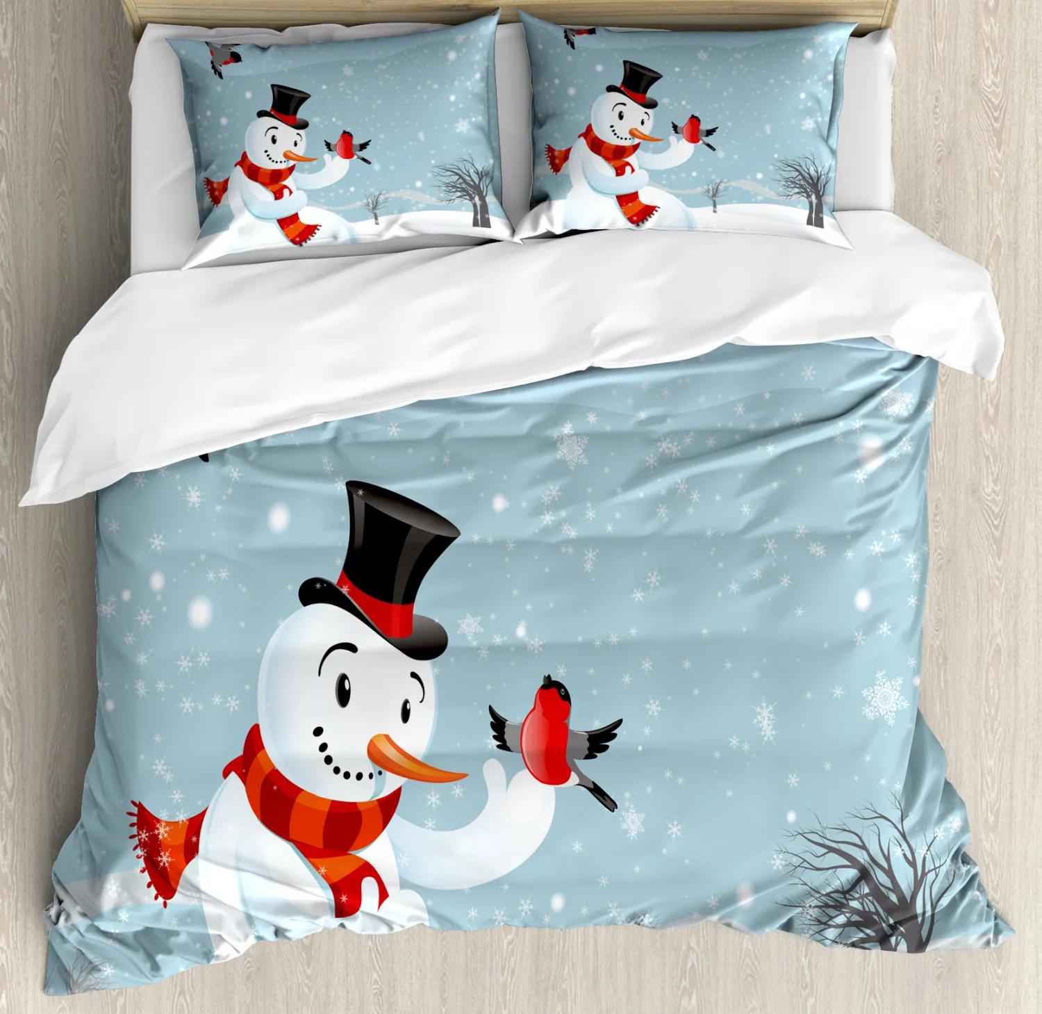 Snowman Duvet Cover King Queen Cute Snowman In A Snowy Winter Day with A Hat Christmas Quilt Cover White Polyester Bedding Set