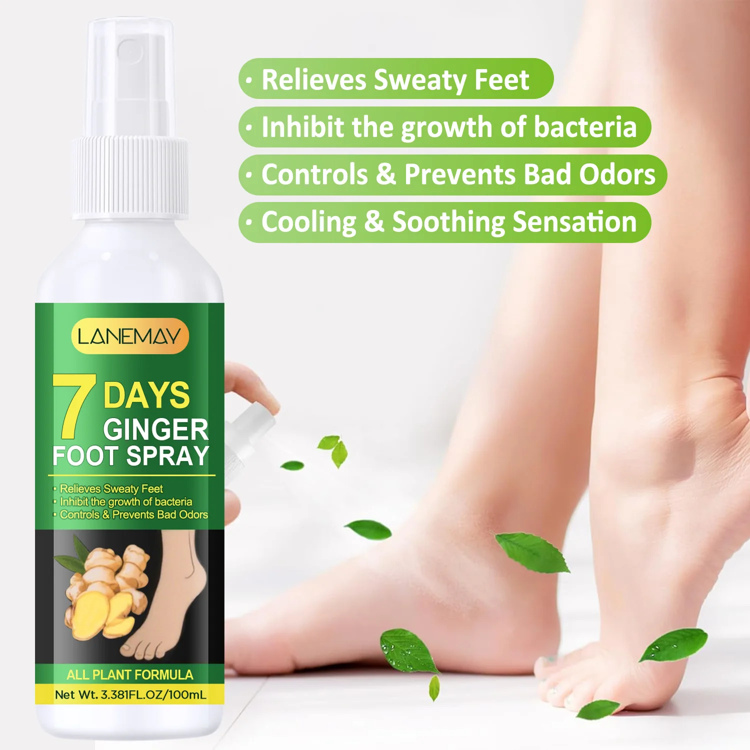 7 Days Ginger Foot Spray with Eucalyptus, Mint, Tea Tree & Thyme – Natural Plant Formula for Fresh Sweaty Feet.