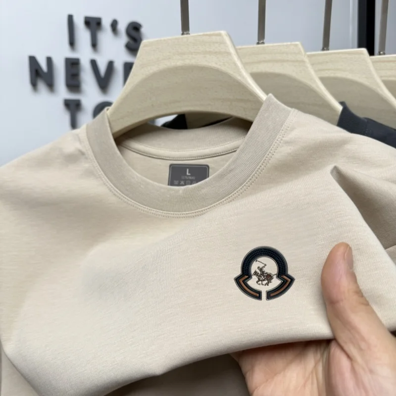 

2025 Summer High Quality Breathable Cotton Men's Short sleeved T-shirt Light Luxury Brand Fashion Embossed Round Neck Casual Top