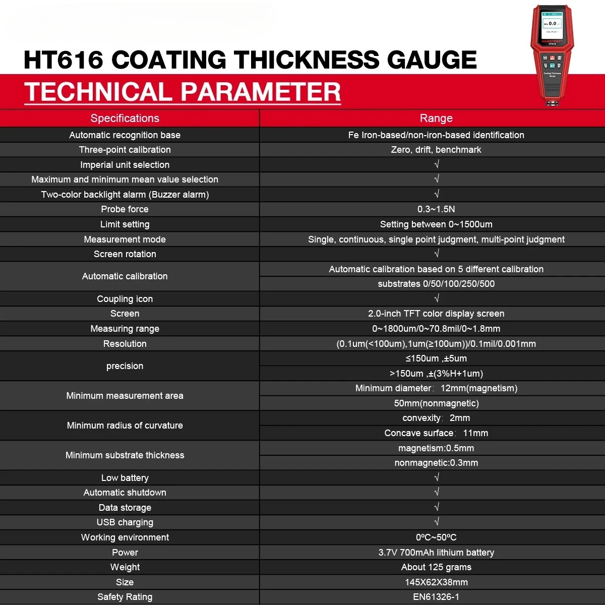HT616 Car Coating Thickness Gauge 0-1500UM Car Film Paint Thickness Tester Measurement FE/NFE Manual Paint Tool