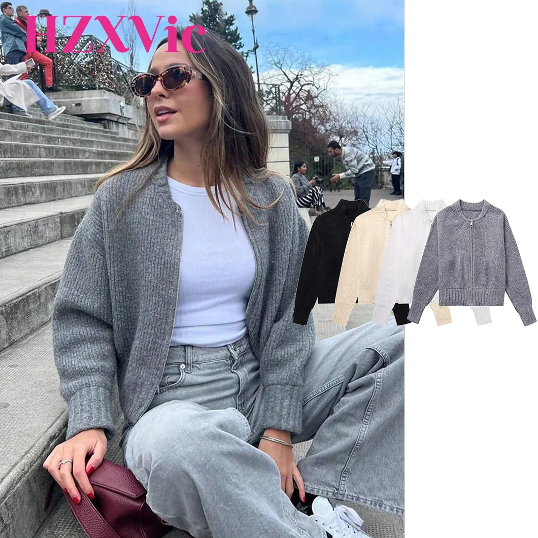 

HZXVic женская шерстяная весенняя новинка вязаная куртка-пилот на молнии свитер короткое пальто Y2K пригородный элегантный кардиган