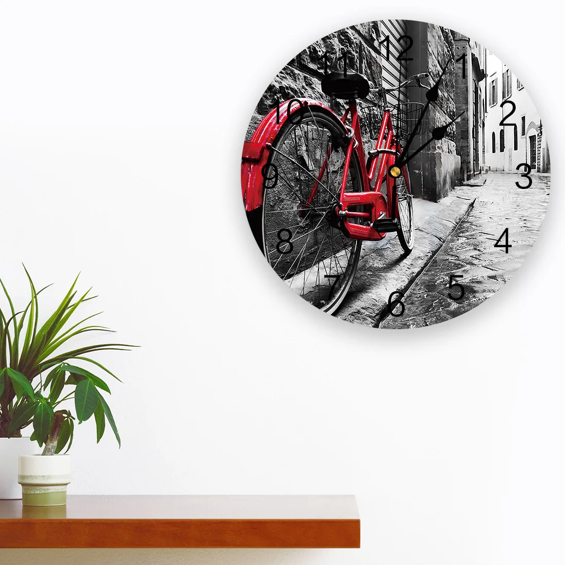 Retro Vintage Red Bicycle On The Street Wall Clocks Silent Home Cafe Office Wall Decor Clocks for Kitchen Large Wall Clocks