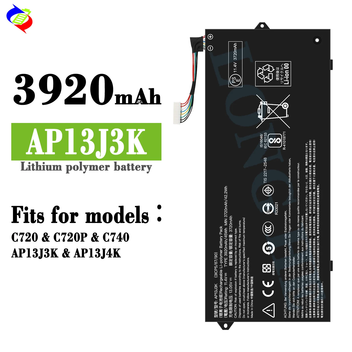 AP13J3K AP13J4K Laptop Battery for Acer Chromebook C720 C720P C740 11.25V 45Wh 3920mAh Replacement Battery
