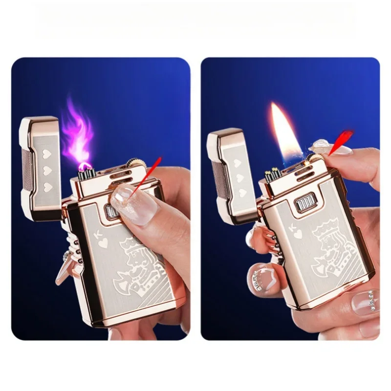 Creative Silver Plated Oil Electric Double Flame Windproof Open Flame Kerosene Lighter Dual Arc Pulse Type-C Electric Lighters