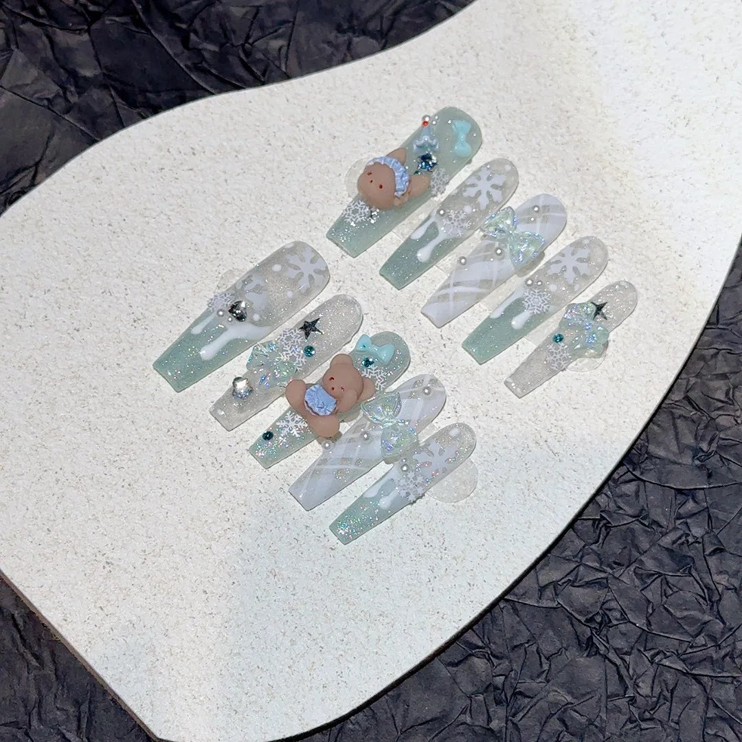 10 pièces à la main longue ovale presse sur ongles avec ours mignon bleu arc conception faux ongles portable filles douces brillant oeil de chat faux ongles