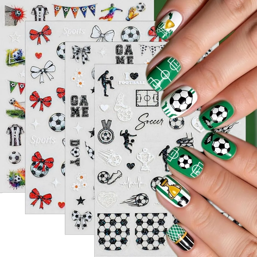 Glitter Soccer Nail Stickers: 3D Sparkle Decals for Football Fans - Game Day Accessories