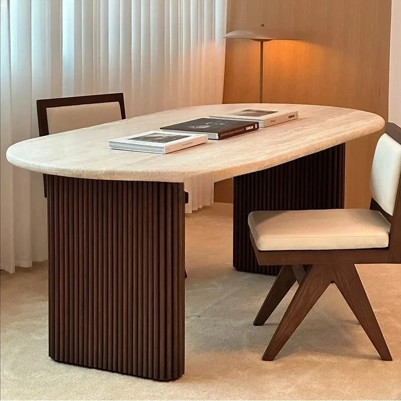 

BMedieval solid wood Roman column natural travertine wabi wind dining table oval household, high-end dining table