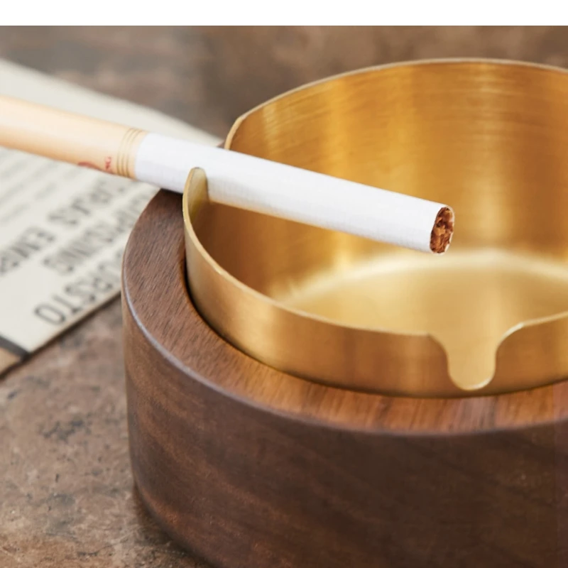 Walnut Wood Ash Tray Metal Liner Cigar AshTray Home Desktop Retro Round with Lid Portable Storage Container