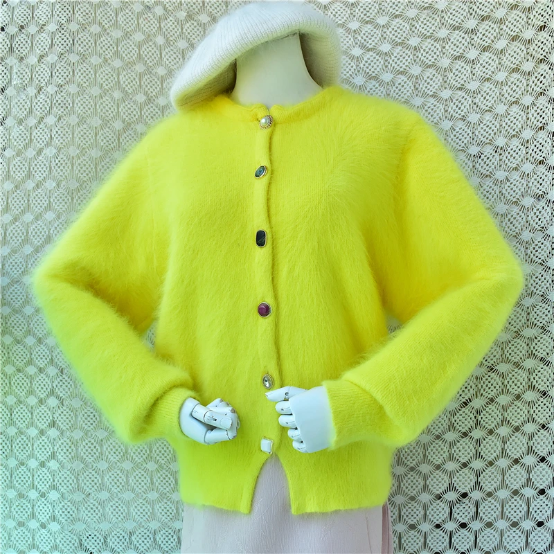 Ladies Women Autumn Winter Fashion Yellow Hairy Angora Rabbit Hair Knit Colorful Buttons Loose Cardigans Sweater Jacket Pull Top