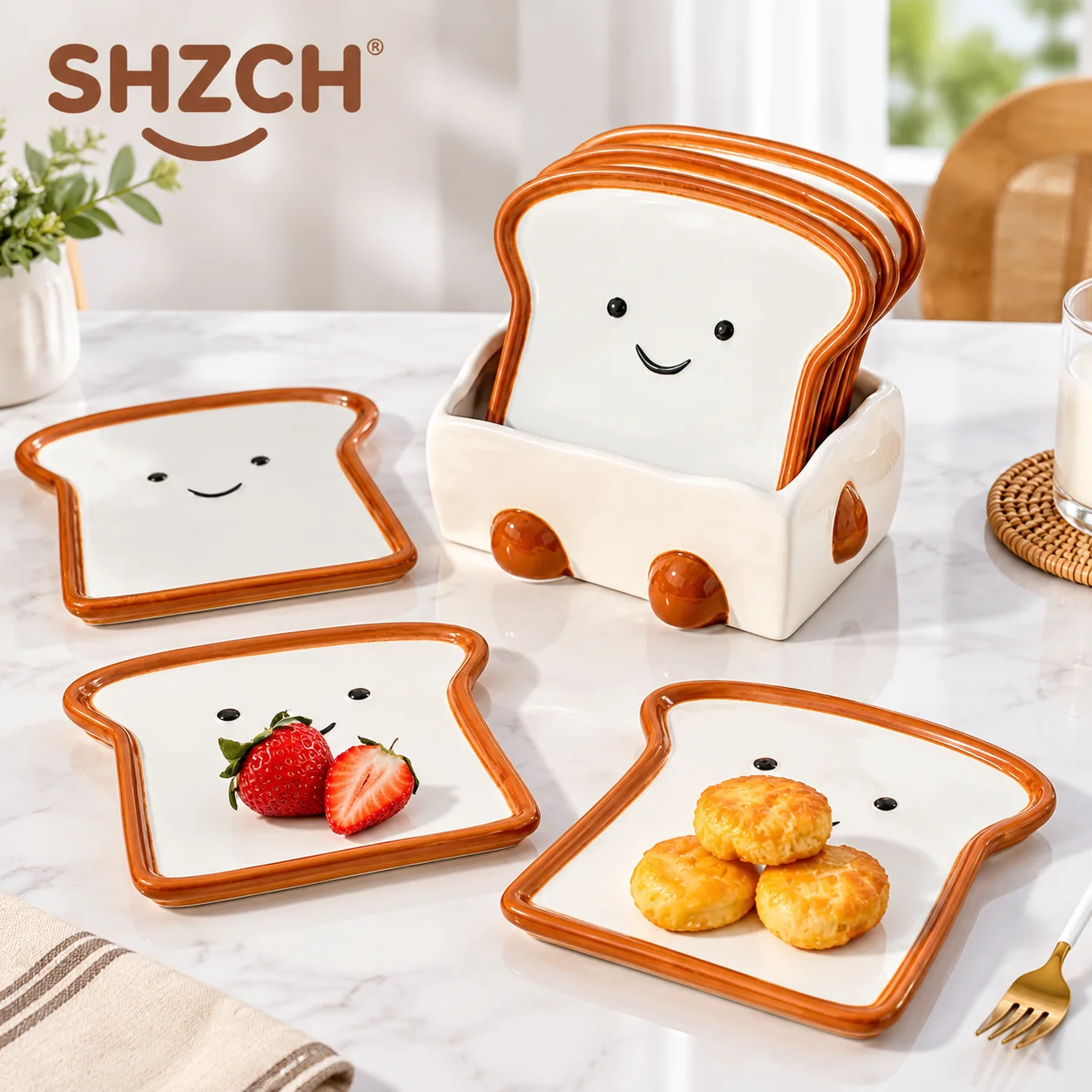 Cute Smile Toast Ceramic Plate Set w/Storage Box - Kawaii Dessert Fruit Dish for Breakfast Afternoon Tea - Kitchen Decor Tablew