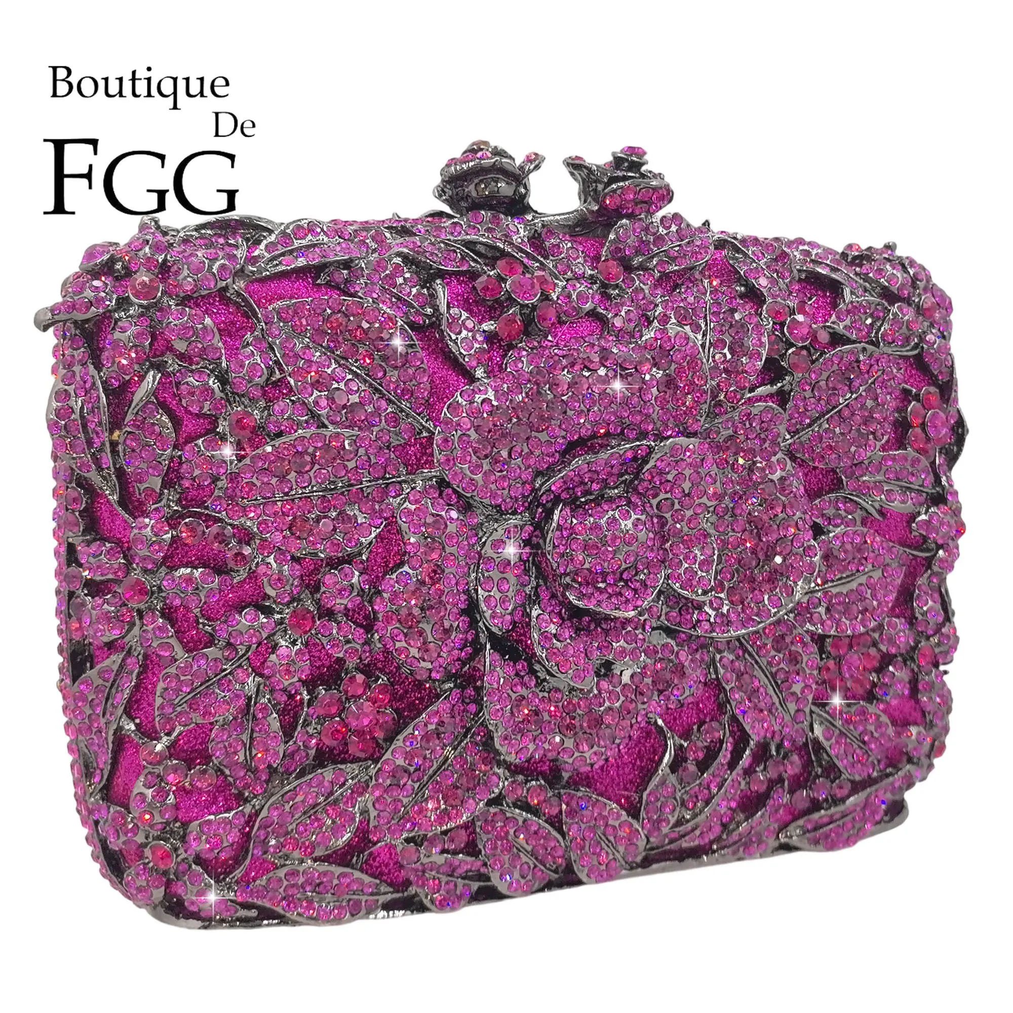 Boutique De FGG Sparkly Flower Rhinestone Clutch Purses for Women, Fuchsia Evening Clutch Bags, Wedding Party Crystal Handbags