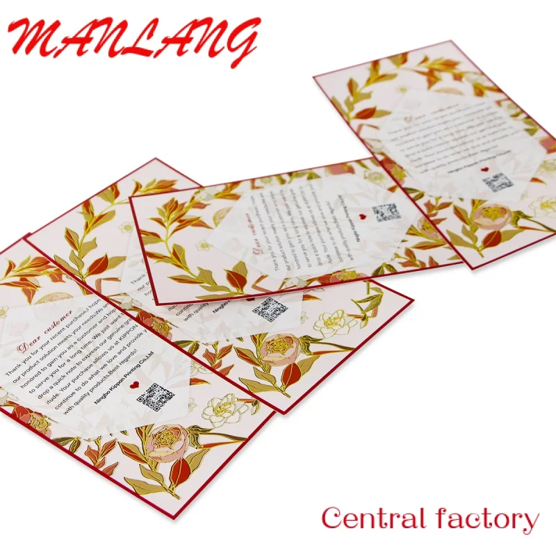 Papel de aluminio dorado personalizado de alta calidad, logotipo floral, flor en relieve, tarjeta de negocios, postal, tarjeta de boda, tarjeta de agradecimiento para soporte