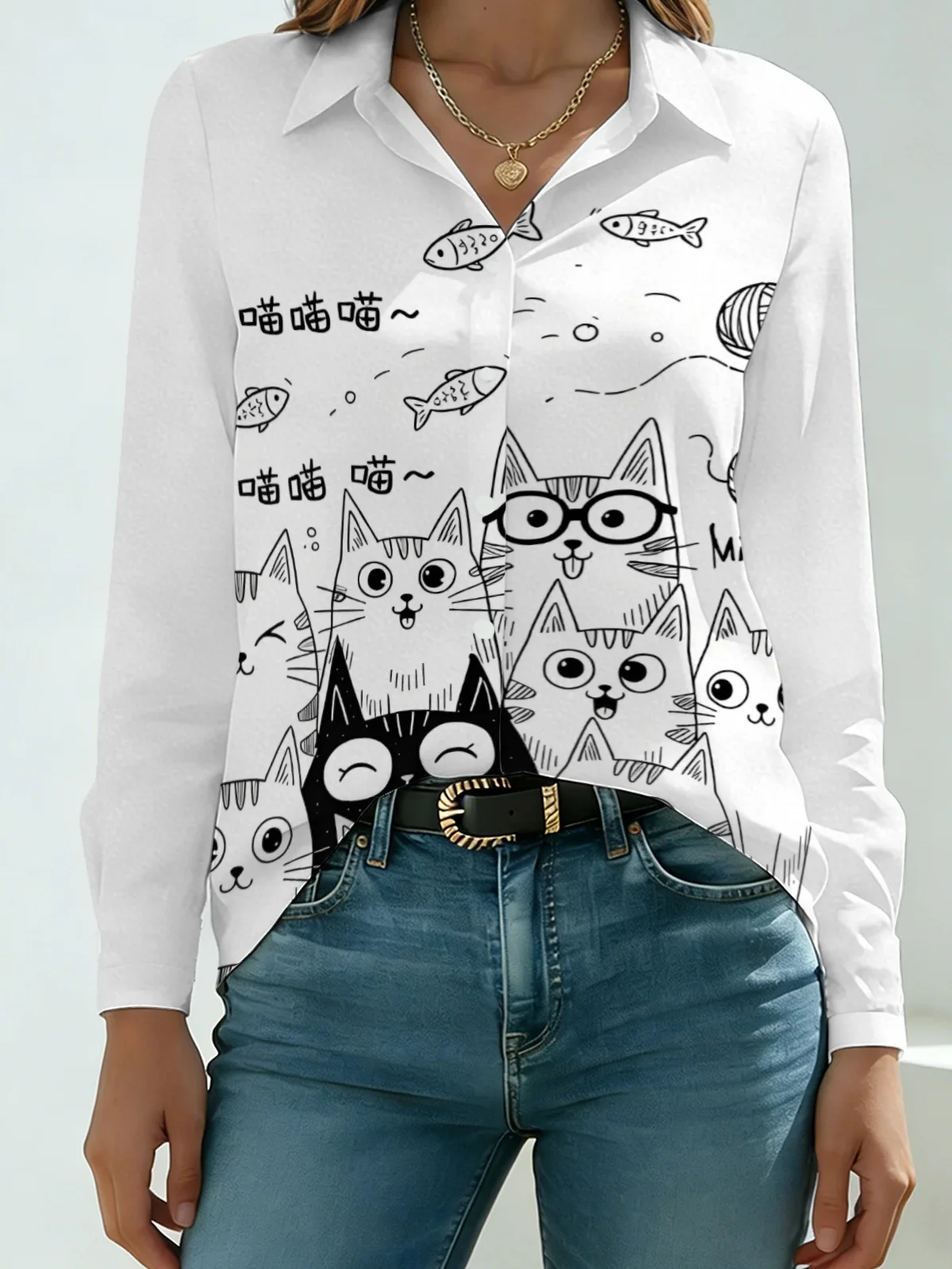Minimal Office Cartoon Kitten Print Women Lapel Blouse Solid White Background Hand Drawn Meow Letter Fish Yarn Ball Long Sleeve