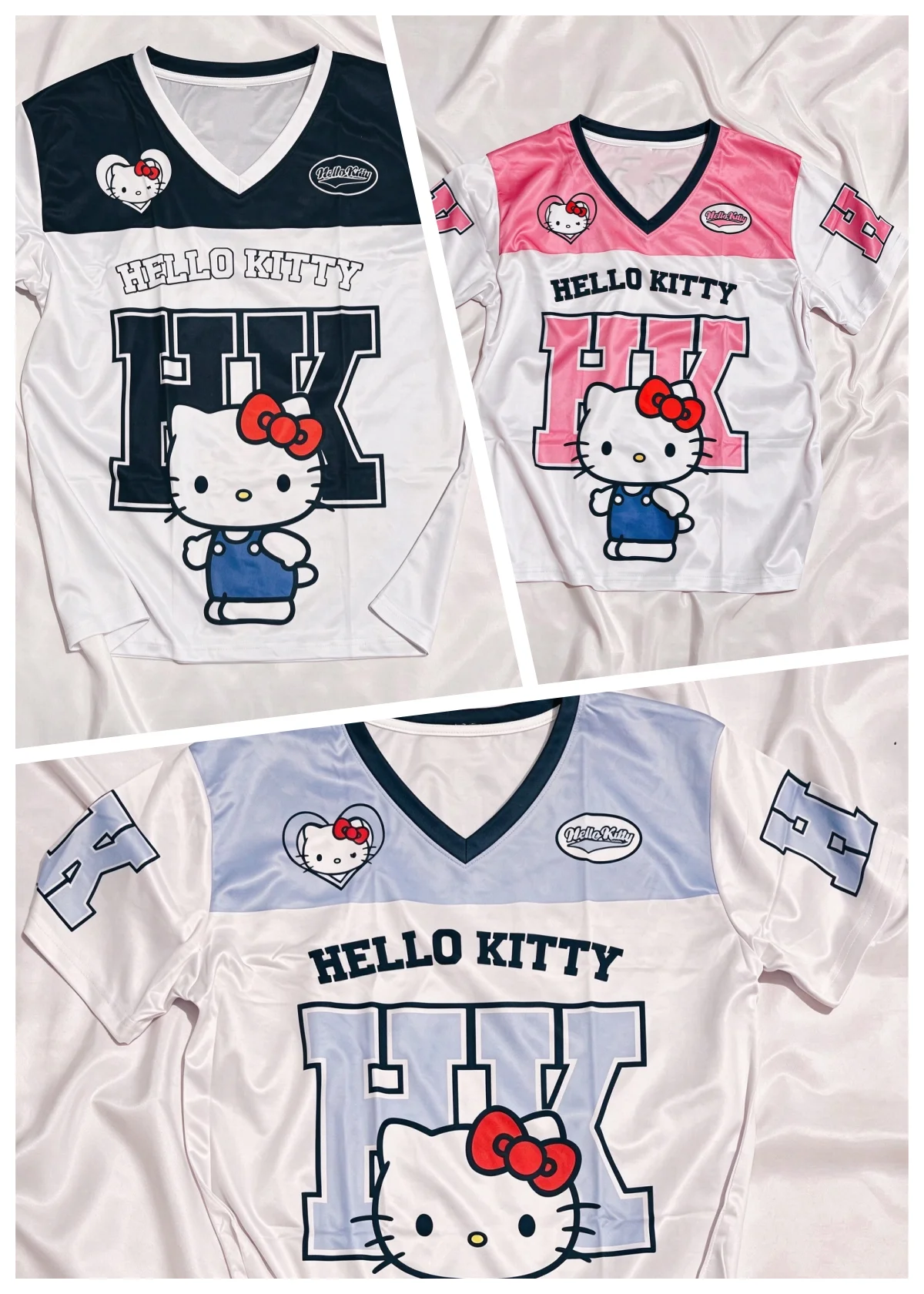 Cartoon Hello Kitty Color Block V-Neck Soccer Jersey, HK Letter & Chest Heart Patch Short Sleeve T-shirt Unisex Casual Sport Tee