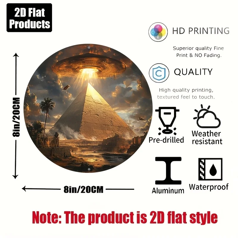 CIFBUY 2D Pyramid UFO Aluminum Wall Art Waterproof Durable Round Metal Sign Plaque for Home Bar Cafe Office Decor