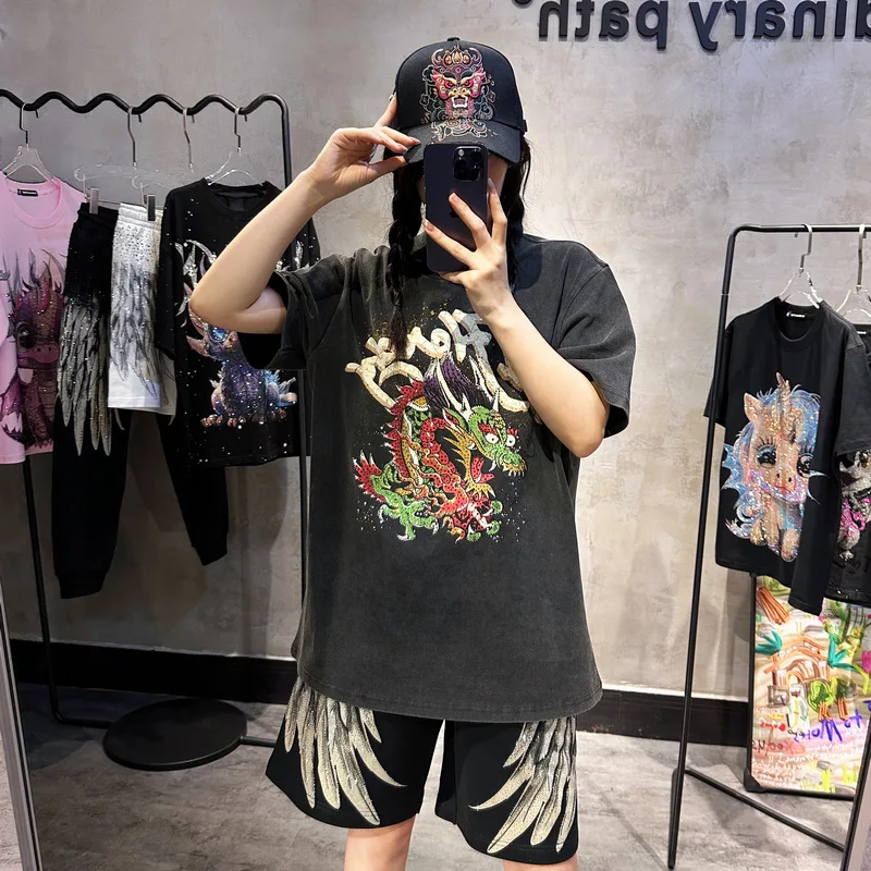 Fashion Printing Dragon Round Neck T-shirt Women Summer Distressed Washed Cotton High Street Short Sleeve Rhinestone Top Men