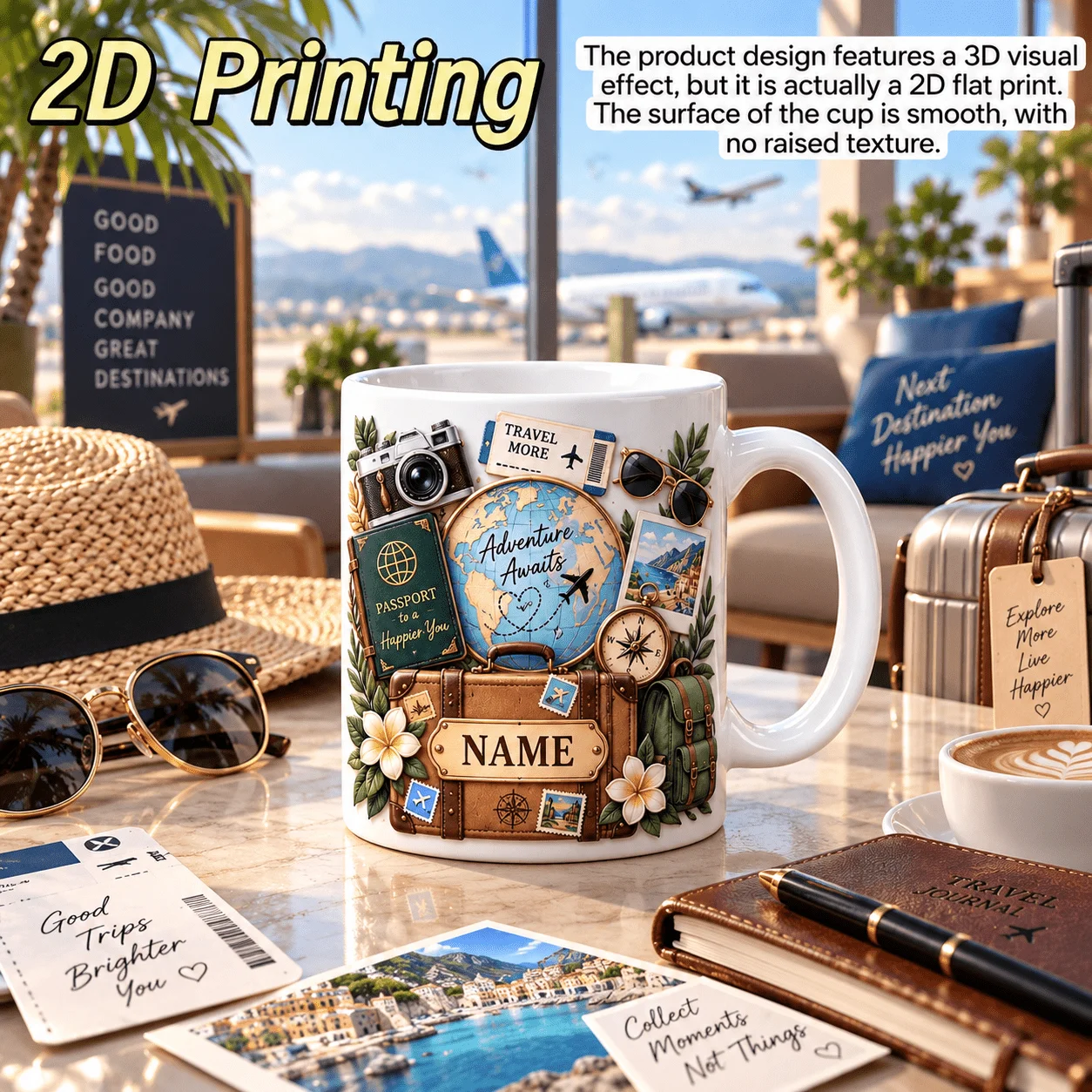Personalized Travel Mug 11oz Custom Name Adventure Ceramic Coffee Cup 2D Print Luggage Globe Camera Compass Novelty Gift for Tra