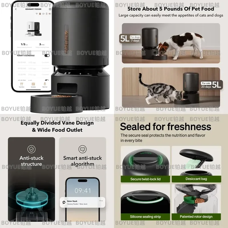 for Automatic Stainless Steel Cat and Dog Feeder 5G WiFi 5L Fresh Function Timed Low Food Sensor 10 Meals Per Day