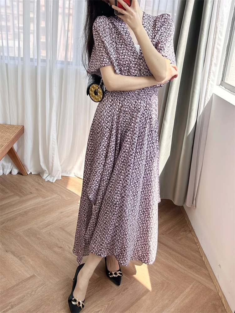 

Dress for women korean style 2024 Early Spring Ruffle Edge Cuff V-neck Printed Waist Irregular Dress Long Dress