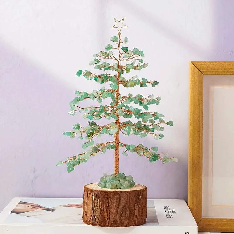 1PC Natural Aventurine Crystal Lucky Money Christmas Tree With Wooden Base Mini Gemstone Feng Shui Figurine Home Office Desk