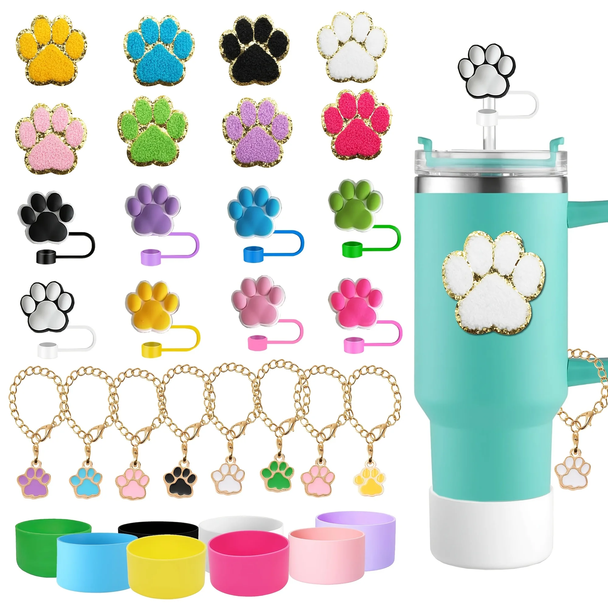 4pcs Cute Paw Charm Accessories Fit 30&40oz, Included 1pc Straw Cover Cap 1 Alloy Handle Charm and 1 Paw sticker and 1 Boot Slee