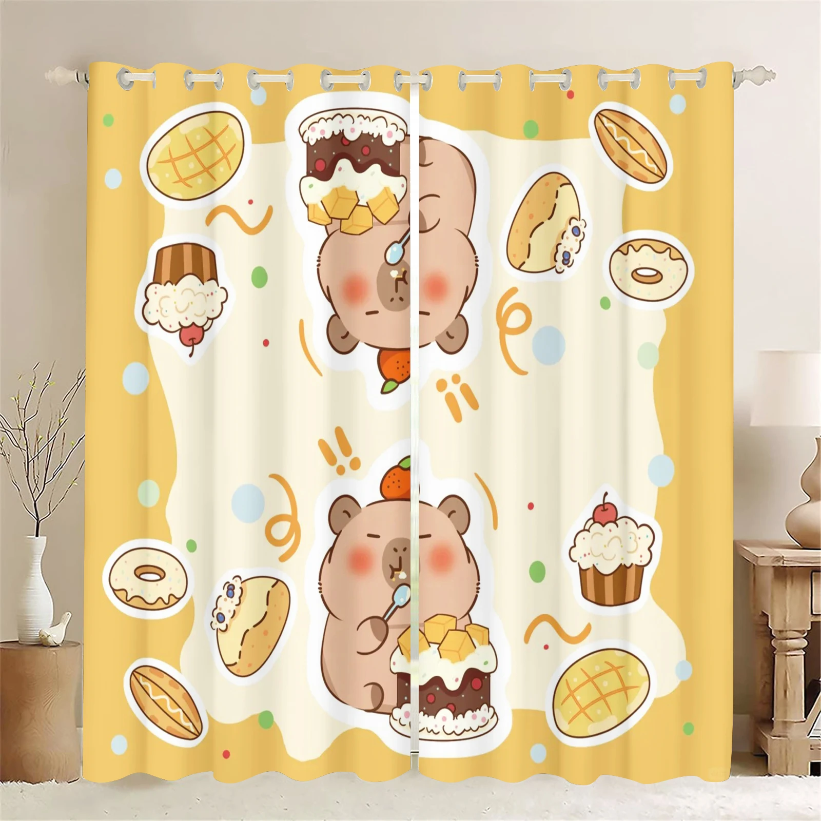Kawaii Capybara Green Blackout Curtains Cute Cartoon Animal Print Window Drapes For Kids Bedroom Home Decor