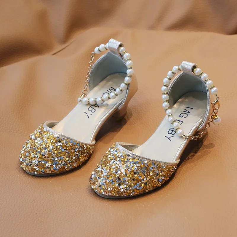 Girls Sandals Gold New Fashion Girls Crystal Shoes Silver Hundred Slip Performance Children\'s High Heels Girls Princess Shoes