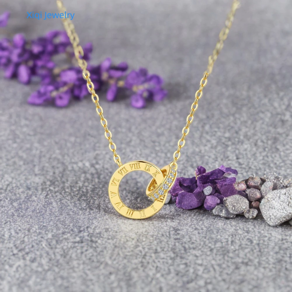 

Xiqi Jewelry 925 Sterling Silver Plated 14K Yellow Gold Moissanite Pendant Women's Roman Numeral Round Plaque Necklace Fashion D