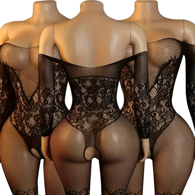  Crotchless Lingerie Full Sleeve Bodystockings Mesh Transparent Babydolls Underwear  Fishnet Hollow Baby Dolls Dresses