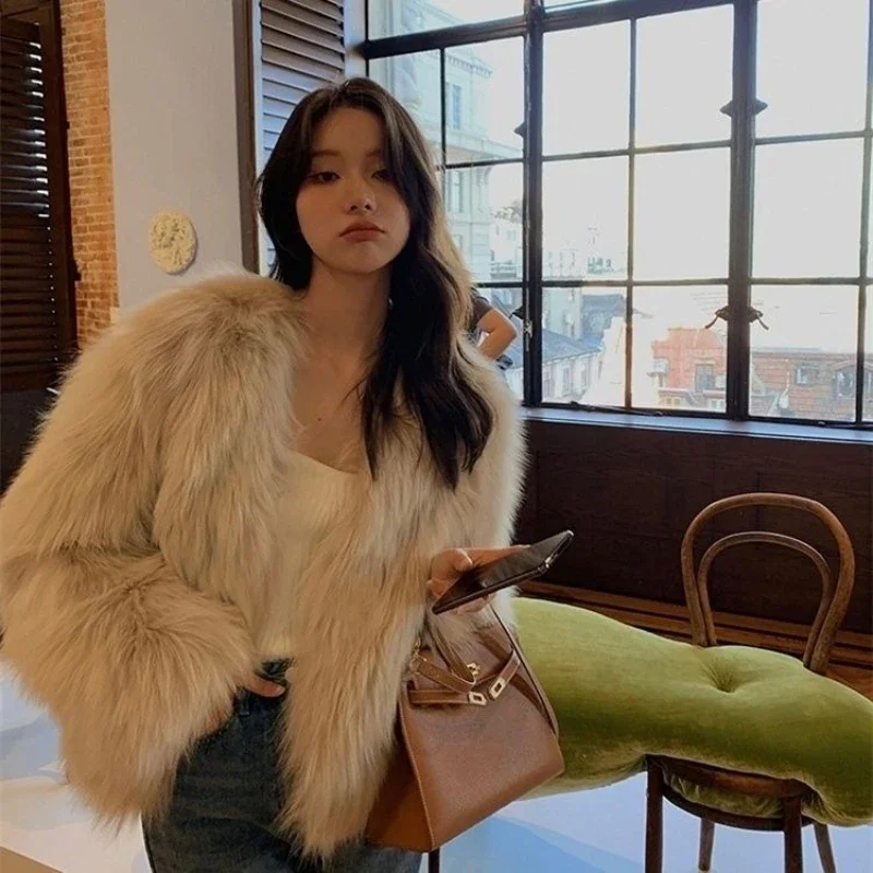 Winter Thick Faux Fur Women Y2K Streetwear V Neck Fluffy Warm Short Fur Jacket Female Elegant Faux Fox Fur Parkas JJ458