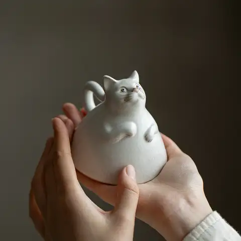 Hand-carved ceramic cat coffee mug, original tea cup