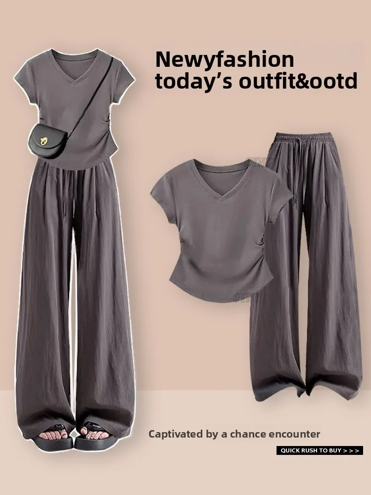 Faionable Commute Ready Damen-Sommer-Outfit Ort Sve V-Ne, plissiertes Taillen-Design, hohe Taille, Freizeithosen-Set