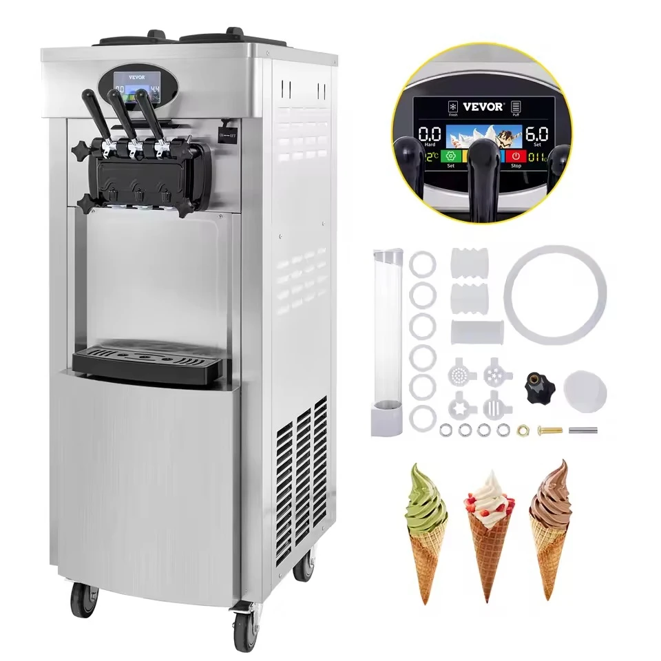 

VEVOR 2200WCommercialSoftIceCreamMachine, 3 вкуса5.3-7.4Gal/H, PreCool между NigAutoCleanLCDPanelforRestaurants