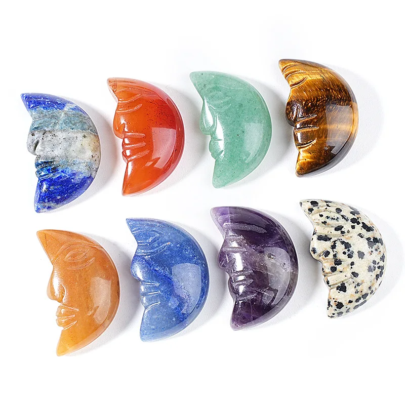 1PC Natural Stone Carved Crescent Moon Face Amethyst Lapis Tiger Eye Crystal Moon Figurine Healing Crystal Home Decor Reiki Gift