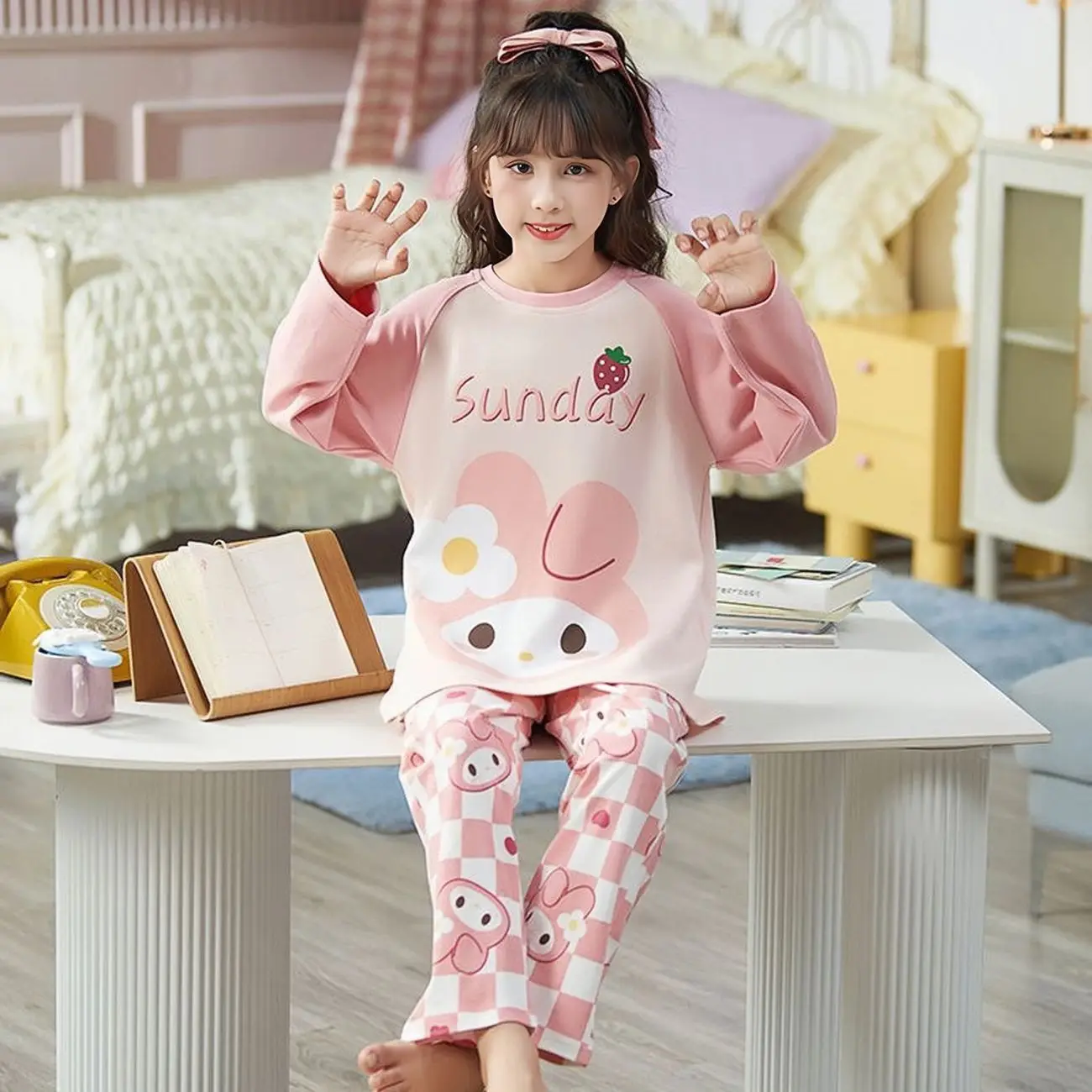 2 ชิ้นเด็ก Kuromi รูปแบบชุดนอน, เสื้อแขนยาวและชุดกางเกง, การ์ตูน Cinnamoroll พิมพ์ Loungewear, สบายๆสาวชุด