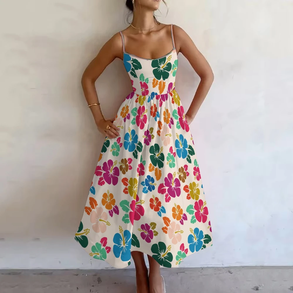 One-Piece Dress Large Flower Print Pettiskirt Y2K Oversized Size Retro Style Sexy Women's Summer Frock Braces Skirt Fold Waist