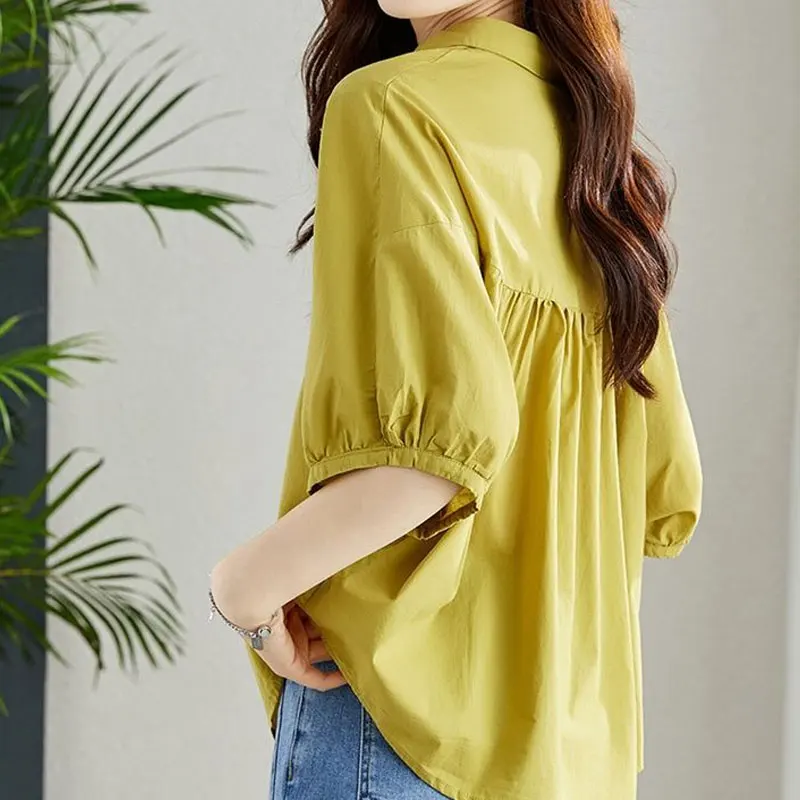 Fashion Single-breasted Blouse Half Sleeve Casual Loose Women\'s Clothing Pockets Spliced Polo-Neck 2024 Summer Solid Color Shirt