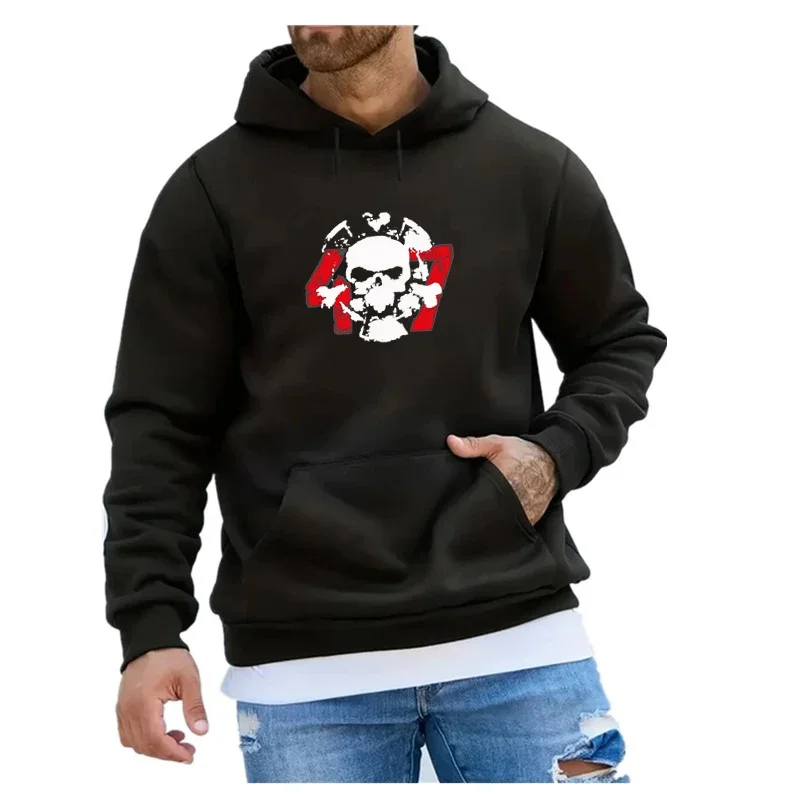 Fashionable Men's Hoodie Skull with 47 Printed Street Casual Sports Style Big Pocket Fleece Sweatshirt for Autumn and Winter