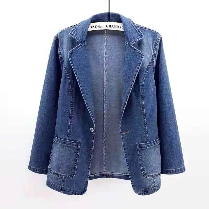 Solid Denim Blazer Women Slim Fit Notched Collar Long Sleeve Casual Jean Jacket Outerwear