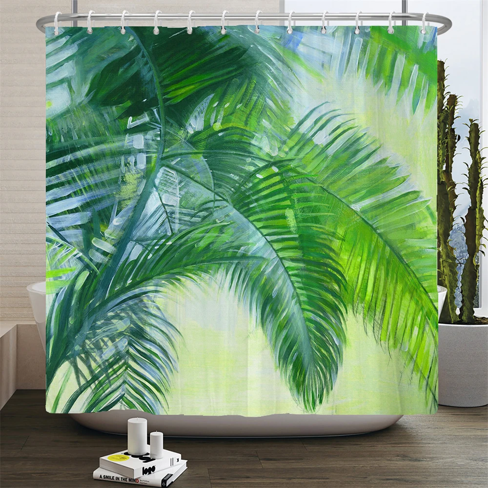 Green Leaves Printing Shower Curtain Tropical Plants Palm leaves Bathroom Curtains Anti-slip Bath Mat Set Toilet Rugs Carpet